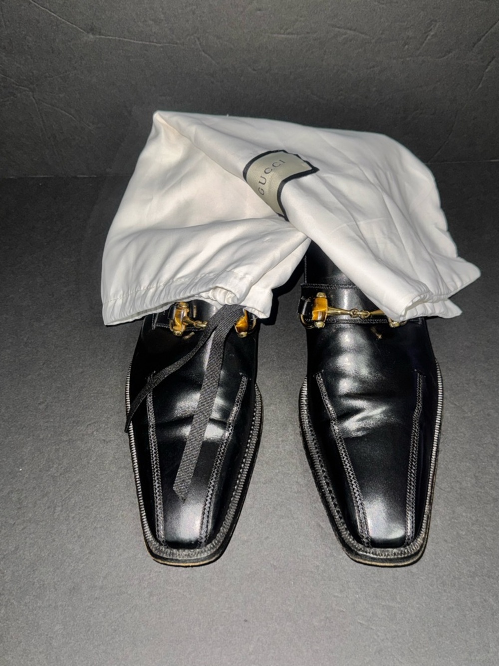 Gucci Black Leather Horsebit Square-Toe Loafers